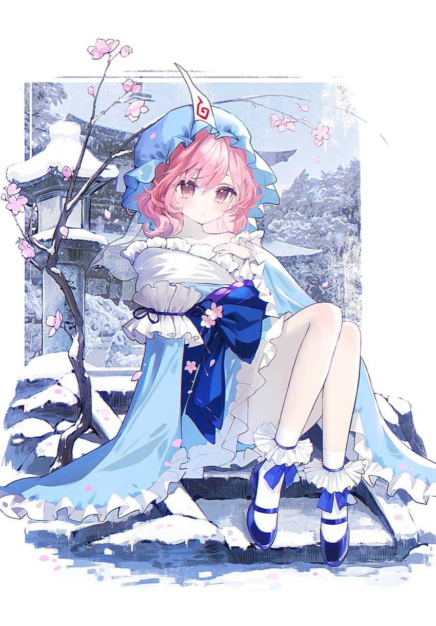 1girl absurdres artist_request blue_bow blue_dress blue_hat blue_ribbon blue_shoes blush bow cherry_blossoms chinese_commentary chromatic_aberration closed_mouth dress frilled_dress frilled_socks frills full_body hair_between_eyes hat highres kimono_dress long_sleeves mary_janes medium_hair mob_cap outdoors pink_eyes pink_hair ribbon saigyouji_yuyuko shoes sitting socks solo touhou triangular_headpiece veil wavy_hair white_socks wide_sleeves window winter yinghua_yuexiang