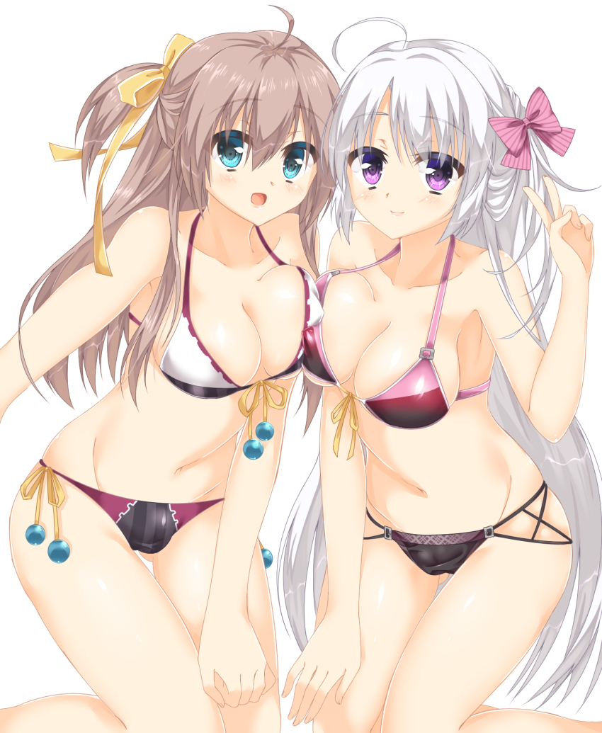 2girls :d ahoge alternate_costume alternate_hairstyle aqua_eyes ayachi_nene bare_shoulders bikini black_bikini blush bobbles bow breast_press breasts brown_hair cameltoe cleavage closed_mouth collarbone colored_eyelashes commentary_request covered_erect_nipples eyes_visible_through_hair feet_out_of_frame front-tie_bikini_top front-tie_top fuyukichi_(nikoniko1567) gluteal_fold grey_hair groin hair_between_eyes hair_bow hair_ribbon halterneck hand_on_own_thigh hand_up happy highres kneeling large_breasts long_hair looking_at_viewer multi-strapped_bikini_bottom multicolored_bikini multiple_girls navel one_side_up open_mouth pink_bow purple_eyes ribbon sanoba_witch shiiba_tsumugi side-by-side sidelocks simple_background skindentation smile stomach straight_hair swimsuit symmetrical_docking thigh_gap thighs two-tone_bikini v variant_set very_long_hair white_background white_bikini yellow_bow yellow_ribbon
