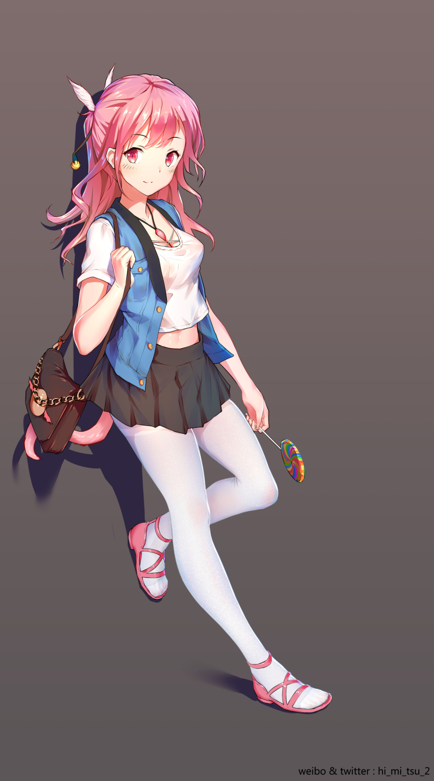 1girl against_wall artist_name bag bare_arms bell black_skirt blue_jacket blush breasts candy chain cleavage collarbone commentary_request cross-laced_clothes cross-laced_footwear curly_hair female_focus food full_body grey_background hair_bell hair_ornament handbag highres himitsu_(hi_mi_tsu_2) holding holding_candy holding_food holding_lollipop holding_strap jacket jewelry leaning leaning_back lollipop long_hair looking_at_viewer looking_to_the_side medium_breasts medium_hair midriff necklace open_clothes open_jacket original over_shoulder pantyhose pink_eyes pink_hair pink_sandals pleated_skirt ponytail rabbit rabbits_foot sandals shadow shirt short_sleeves sidelocks simple_background skirt sleeveless sleeveless_jacket smile solo standing swirl_lollipop tail thighband_pantyhose toes twitter_username white_pantyhose white_shirt