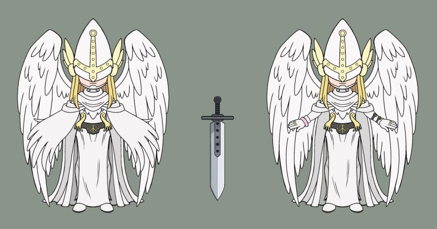 angel belt blonde_hair chibi digimon holyangemon holyangemon_priest_mode mask sword weapon wings