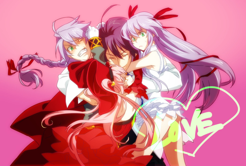 2boys 2girls ahoge al_azif_(demonbane) another_blood braid brown_hair coat daijuuji_kurou daijuuji_kuzaku demonbane detached_sleeves dress family green_eyes group_hug hair_ribbon hat heart hug kabane_(follabi) multiple_boys multiple_girls pink_background pink_hair purple_hair ribbon smile sweatdrop white_coat