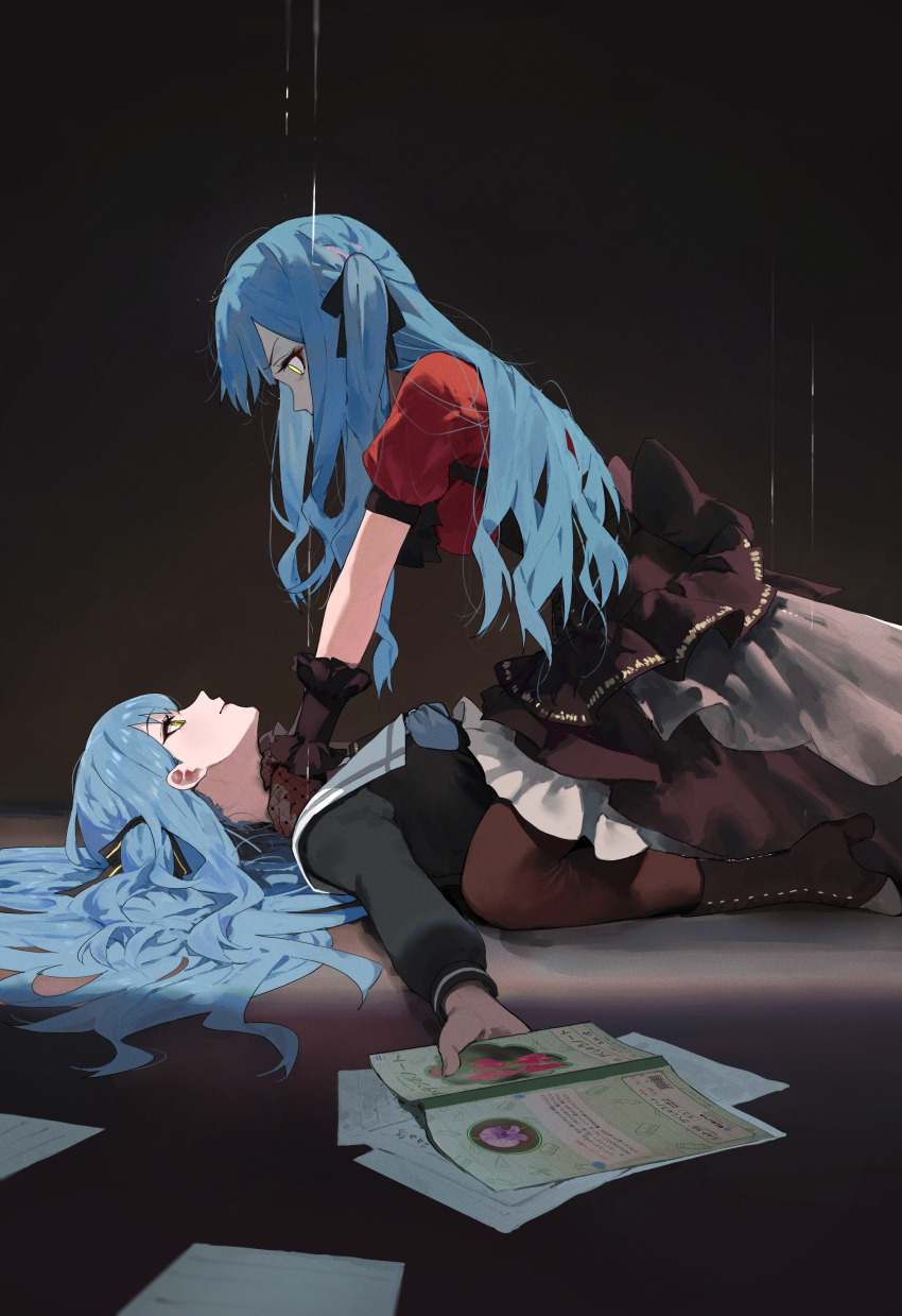 024th 2girls absurdres bang_dream! bang_dream!_it&#039;s_mygo!!!!! black_shirt blue_hair book boots brown_pantyhose brown_skirt dual_persona girl_on_top gloves hair_ribbon high_heel_boots high_heels highres holding holding_book long_hair looking_at_another lying multiple_girls on_back pantyhose red_shirt ribbon shirt skirt strangling togawa_sakiko yellow_eyes