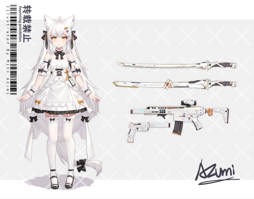 1girl :| absurdly_long_hair absurdres ahoge animal_ear_fluff animal_ears assault_rifle azumi_(8809464) barcode black_bow black_sandals bow bowtie chinese_text closed_mouth detached_collar detached_sleeves dot_nose dress english_text expressionless fox_ears frilled_dress frilled_thighhighs frills full_body garter_straps grey_background gun hair_bow hair_ribbon handgun highres id_card lanyard layered_dress long_hair looking_at_viewer multicolored_hair orange_bow orange_eyes orange_hair original ribbon rifle sandals scope shadow solo streaked_hair sword thighhighs unconventional_weapon very_long_hair weapon white_dress white_hair white_theme white_thighhighs white_wrist_cuffs wrist_cuffs zettai_ryouiki