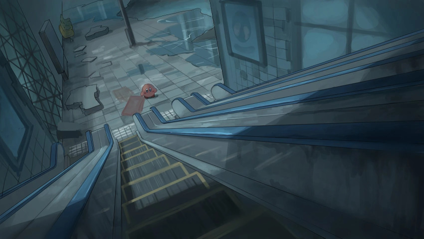 abandoned bad_id bad_misskey.io_id bench debris escalator highres indoors kirby kirby_(series) kirby_and_the_forgotten_land nintendo no_humans reflection reflective_water scenery tensen_(dotted_line) train_station water webp-to-png_conversion wide_shot