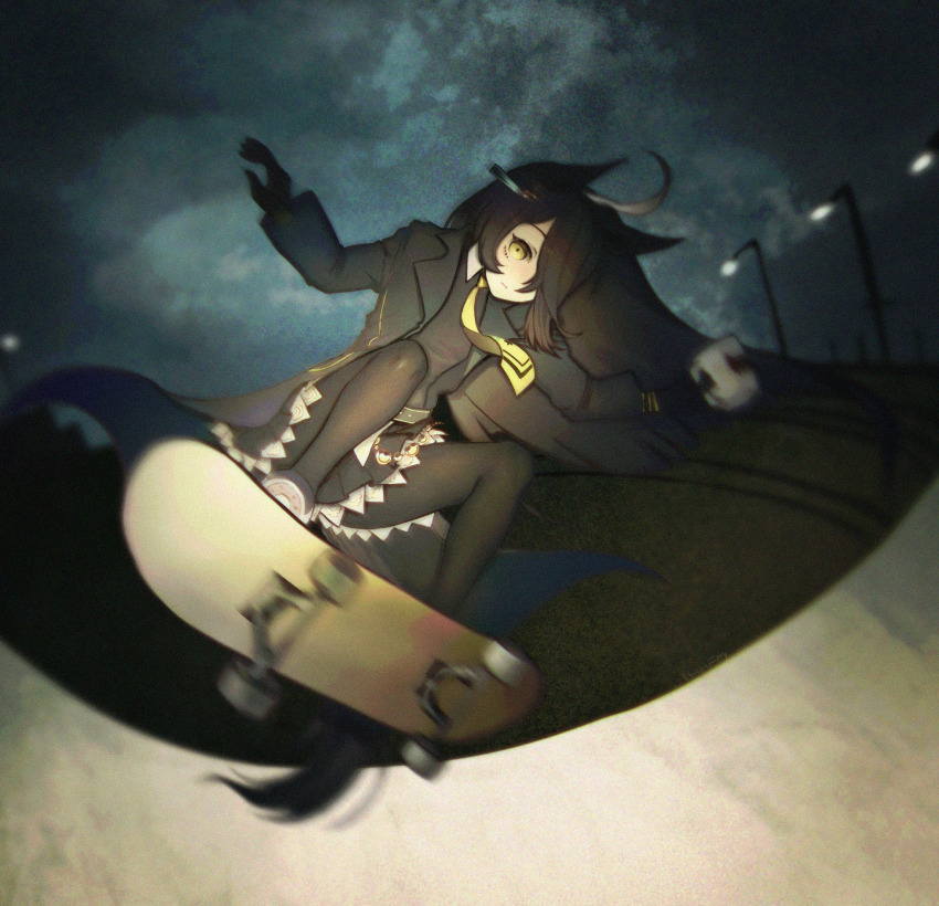 1girl ahoge animal_ears belt black_belt black_coat black_gloves black_hair black_pantyhose black_shirt black_skirt closed_mouth coat collared_shirt contrast_collar ear_ornament ear_tag earrings erickazmiy gloves grey_hair hair_over_one_eye highres horse_ears horse_girl horse_tail jewelry lamppost long_bangs long_hair long_sleeves manhattan_cafe_(umamusume) multicolored_hair necktie open_clothes open_coat pantyhose pleated_skirt shirt single_earring skating skirt solo tail umamusume very_long_hair yellow_eyes yellow_necktie