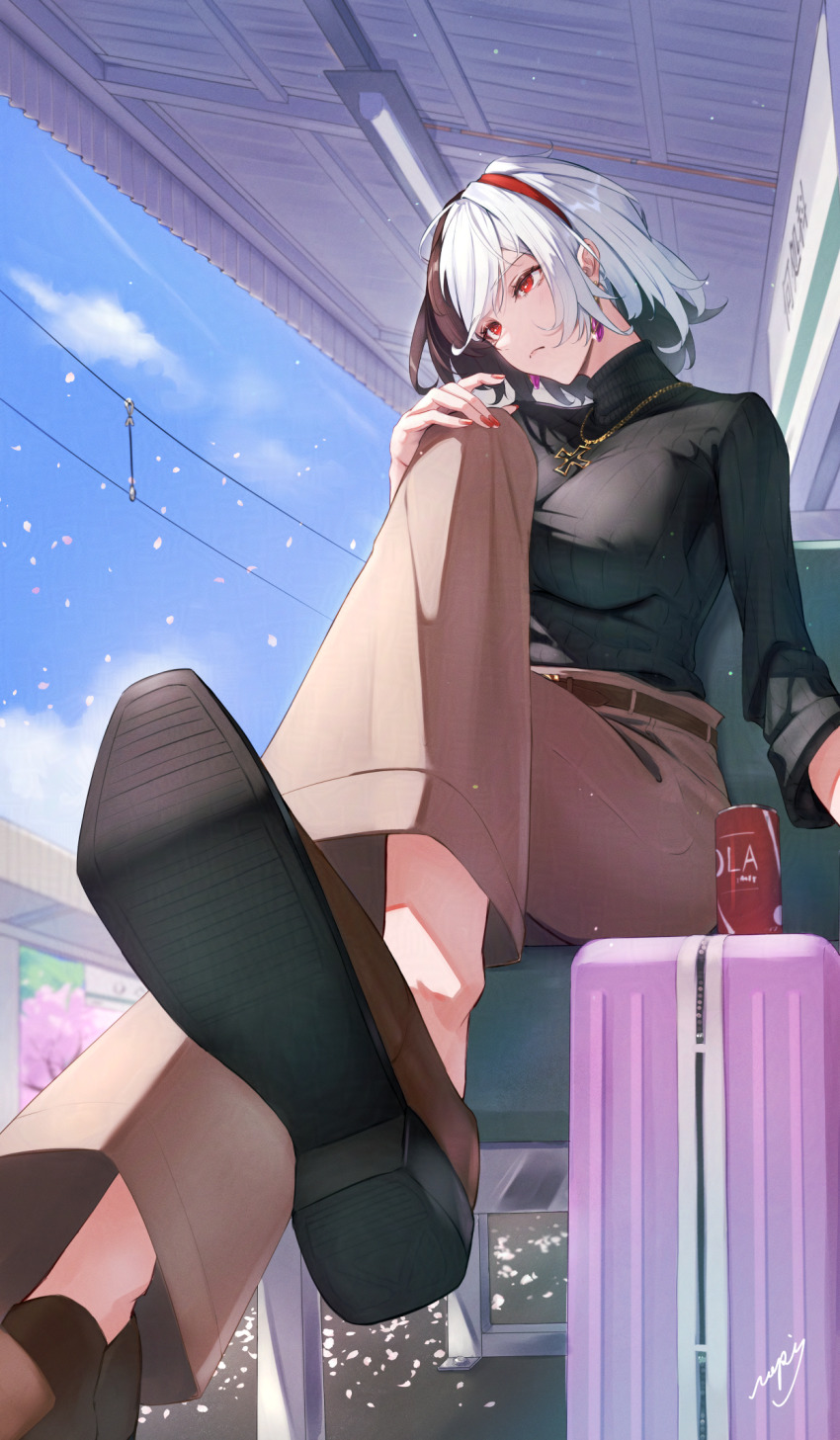 1girl azur_lane black_hair black_shoes blue_sky brown_pants bruenhilde_(azur_lane) can closed_mouth cola cross crossed_legs earrings hand_on_own_knee highres iron_cross jewelry multicolored_hair necklace outdoors pants red_eyes red_nails ropi_(yyuichi29) shoes signature sitting sky solo split-color_hair suitcase white_hair