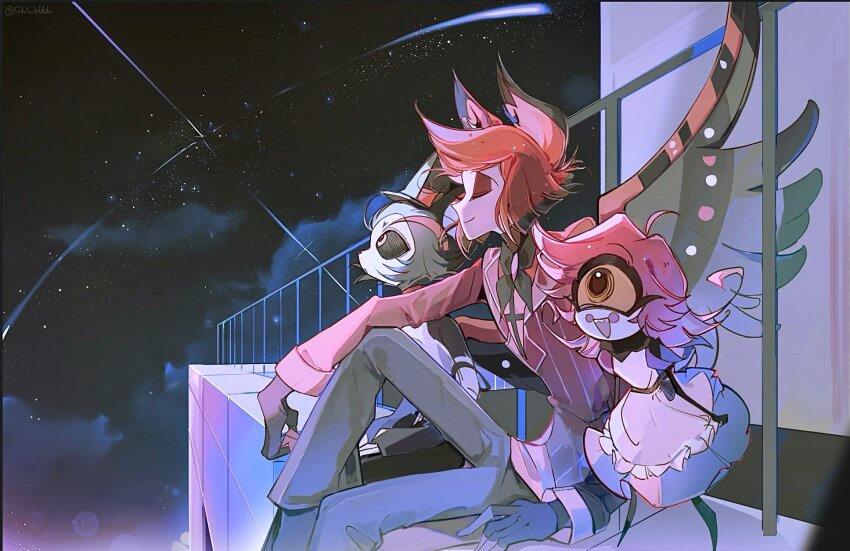 1girl 2boys :d ahoge alastor_(hazbin_hotel) animal_ears antlers apron black_hair black_hat black_pants black_scarf black_sclera black_skin blush_stickers breasts building colored_sclera colored_skin commentary_request cyclops dress eyeshadow fence fingerless_gloves formal_clothes frilled_apron frills furry furry_male gloves hat hazbin_hotel highres horns husk_(hazbin_hotel) korean_commentary ledge looking_up makeup medium_breasts multiple_boys niffty_(hazbin_hotel) night one-eyed open_mouth pants pink_dress red_eyeshadow red_hair red_suit satisfied scarf sharp_teeth simi_h666 sky smile star_(sky) starry_sky suit teeth top_hat upper_teeth_only white_skin wings yellow_eyes yellow_sclera