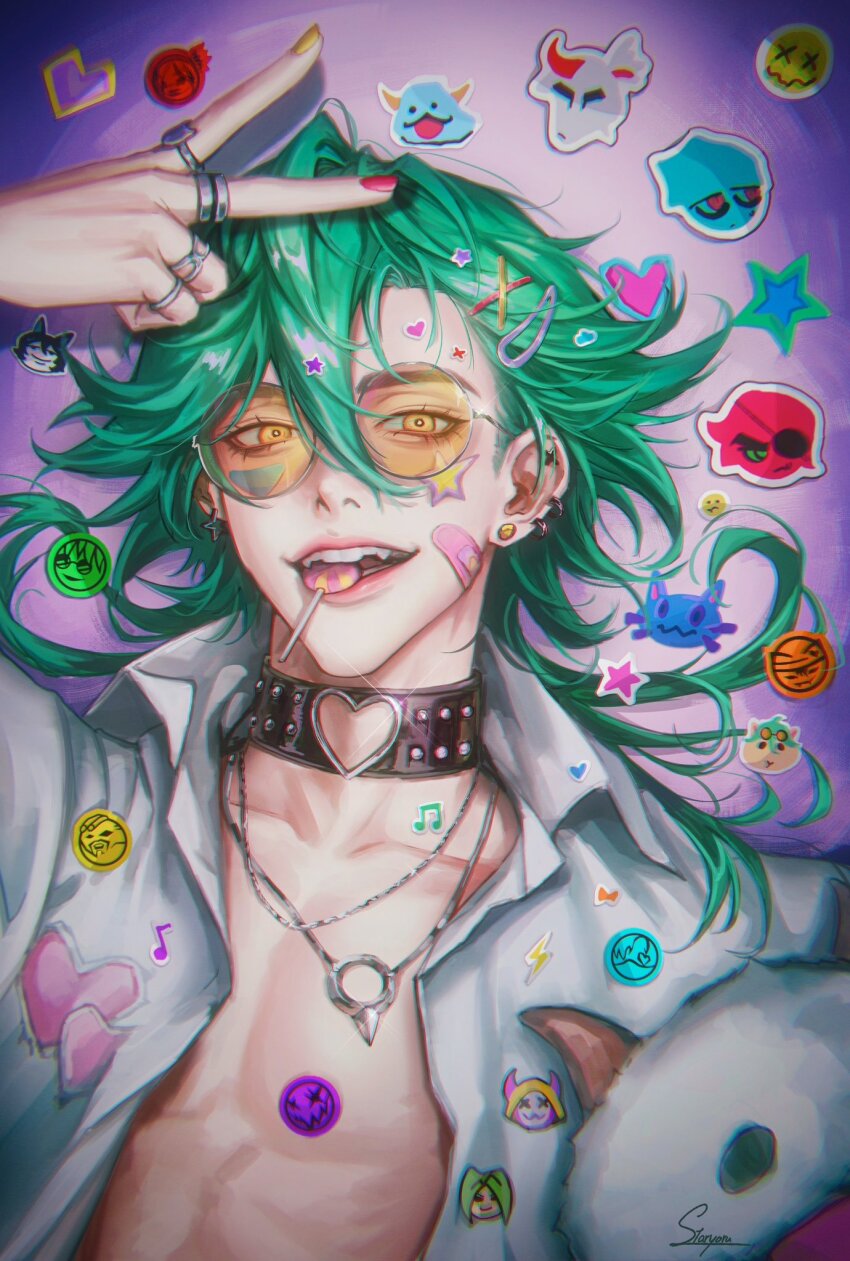1boy bandaid bandaid_on_face black_choker candy cat choker collared_shirt commentary ear_piercing earrings english_commentary ezreal fang food food_in_mouth glasses green_hair hair_between_eyes hair_ornament hairclip hand_up heart heart_choker heartsteel_ezreal highres jewelry league_of_legends leather_choker lollipop looking_at_viewer male_focus multiple_earrings multiple_necklaces multiple_rings musical_note necklace open_clothes open_mouth open_shirt pectorals piercing pink_bandaid poro_(league_of_legends) ring shirt short_hair_with_long_locks signature simple_background star_(symbol) staryoruu sticker sticker_on_face studded_choker stuffed_toy teeth tinted_eyewear upper_body upper_teeth_only v white_shirt yellow-tinted_eyewear yellow_eyes