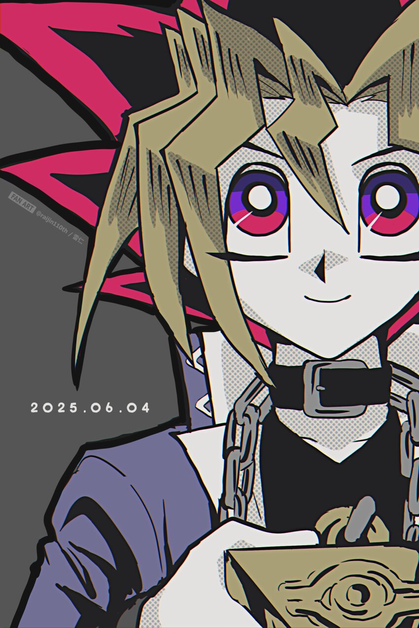1boy absurdres black_choker black_hair black_shirt blonde_hair blue_jacket chain chain_necklace choker closed_mouth dated grey_background hair_between_eyes highres jacket jewelry looking_at_viewer male_focus millennium_puzzle multicolored_eyes multicolored_hair muto_yugi necklace open_clothes open_jacket purple_eyes raijin-bh red_eyes red_hair shirt smile solo spiked_hair twitter_username two-tone_eyes upper_body yu-gi-oh! yu-gi-oh!_duel_monsters