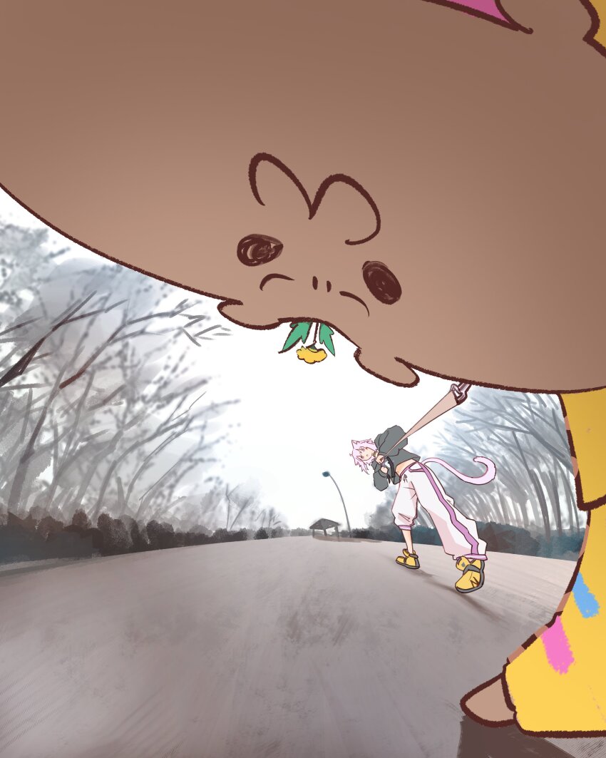 1girl :3 absurdres brown_fur cat_girl cat_tail chibi day fisheye flower flower_on_head from_below highres hololive hood hoodie hyde_(tabakko) inugami_korone inugami_korone_(1st_costume) inugami_korone_(dog) jacket lamppost leash leash_pull looking_at_viewer looking_down multiple_girls nekomata_okayu nekomata_okayu_(1st_costume) outdoors pants park pet pet_walking photo-referenced pulling purple_hair purple_tail shoes sky sneakers sweatpants tail tree walking yellow_jacket