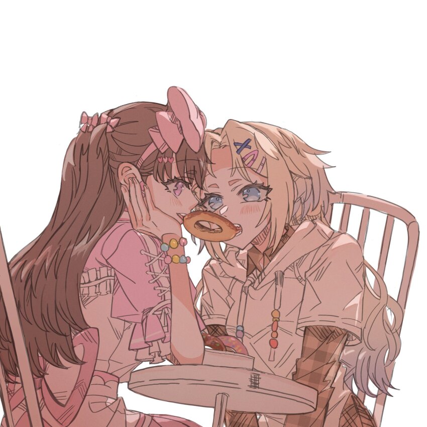 2girls blonde_hair blue_eyes blue_hair bow bow_hairband breasts brown_hair brown_shirt collared_shirt colorfulness_(love_live!) commentary_request cross-laced_clothes cross-laced_sleeves donut dress dress_shirt elbow_on_table eye_contact food food_in_mouth fujishima_megumi gradient_hair hair_bow hair_ornament hairband hairclip hand_on_own_cheek hand_on_own_face happy_shijo_shugi! highres hood hoodie junjun_(kimi-la) layered_sleeves link!_like!_love_live! long_hair long_sleeves looking_at_another love_live! medium_breasts mouth_hold multicolored_hair multiple_girls on_chair osawa_rurino parted_bangs pink_bow pink_dress pink_hairband plaid_clothes plaid_skirt puffy_short_sleeves puffy_sleeves purple_eyes sharing_food shirt short_over_long_sleeves short_sleeves simple_background sitting skirt table teeth_hold two_side_up upper_body virtual_youtuber white_background white_hoodie x_hair_ornament yuri