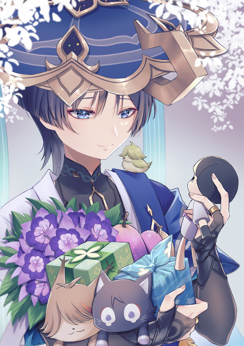 1boy bird black_hair blue_eyes box cat closed_mouth fingerless_gloves flower genshin_impact gift gloves hair_between_eyes highres japanese_clothes kuro_tsubasa male_focus scaramouche_(cat)_(genshin_impact) scaramouche_(genshin_impact) short_hair simple_background smile solo sumeru_rose_(genshin_impact) wanderer_(genshin_impact)