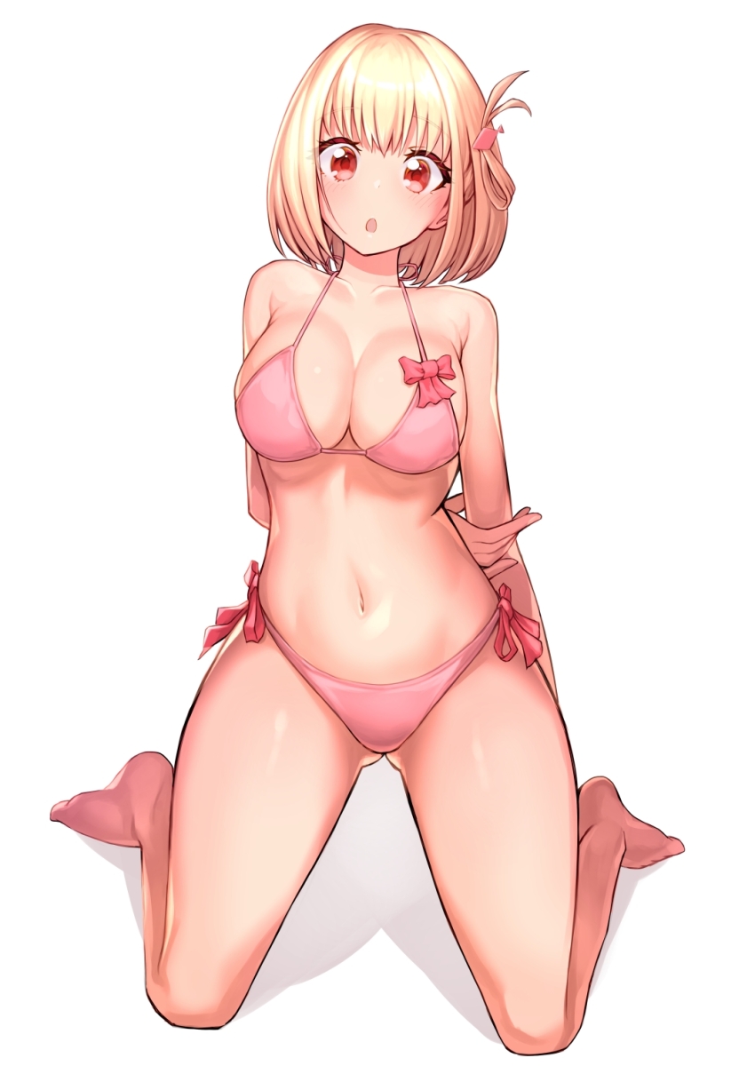 1girl armpit_crease arms_behind_back barefoot bikini blonde_hair blush breasts cleavage collarbone full_body gurugurere highres holding_own_arm large_breasts looking_at_viewer lycoris_recoil navel nishikigi_chisato one_side_up open_mouth pink_bikini red_eyes short_hair simple_background solo stomach swimsuit thighs white_background