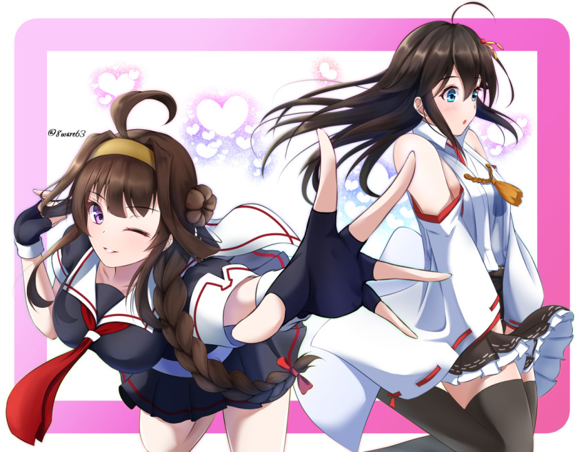 2girls ahoge birthday_connection black_gloves black_hair black_serafuku black_shirt black_skirt blue_eyes boots breasts brown_hair cosplay costume_switch detached_sleeves double_bun fingerless_gloves frilled_skirt frills gloves hachiware_(8ware63) hair_bun hair_down hairband japanese_clothes kantai_collection kongou_(kancolle) kongou_(kancolle)_(cosplay) long_hair medium_breasts miniskirt multiple_girls neckerchief nontraditional_miko one_eye_closed pleated_skirt purple_eyes red_neckerchief ribbon-trimmed_sleeves ribbon_trim school_uniform serafuku shigure_(kancolle) shigure_(kancolle)_(cosplay) shirt short_sleeves skirt small_breasts thigh_boots thighhighs