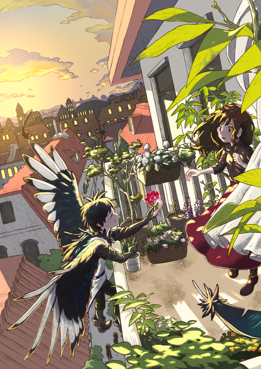1boy 1girl :o absurdres artist_name balcony black_feathers black_hair boots brown_hair brown_shirt city commentary dutch_angle english_commentary closed_eyes feathered_wings feathers flower_box highres huge_filesize lico_(sasya_k) long_hair looking_at_another original outdoors shirt sunset tree wings