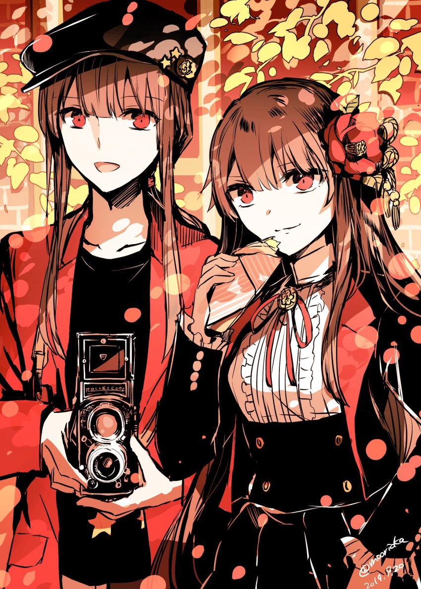 1boy 1girl :d black_hat black_jacket black_shirt blunt_bangs brick_wall brother_and_sister brown_hair newsboy_cap camellia cameo camera closed_mouth collarbone contemporary cowboy_shot crepe crest dappled_sunlight family_crest fate/grand_order fate_(series) flower food frilled_shirt frilled_sleeves frills gold_buttons hair_flower hair_ornament hat high-waist_skirt highres holding holding_camera holding_crepe holding_food jacket leaf long_hair long_sleeves low_ponytail oda_nobukatsu_(fate) oda_nobunaga_(fate) oda_nobunaga_(koha-ace) oda_uri open_clothes open_jacket open_mouth pleated_skirt ponytail red_eyes red_jacket red_ribbon ribbon rioka_(southern_blue_sky) shirt siblings sidelocks skirt smile star_(symbol) sunlight underbust white_shirt
