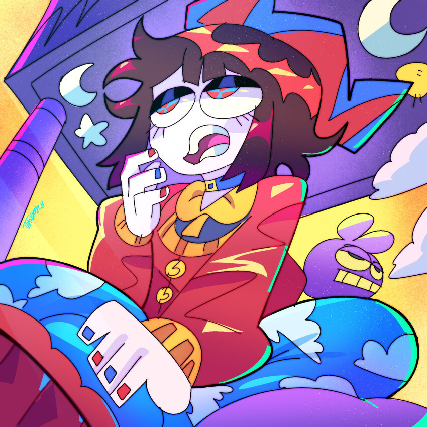 1girl alternate_costume blue_eyes brown_eyes cardigan choker crescent_moon hand_up hat highres jester_cap jiansketch moon multicolor_eyes nail_polish pajama_pants pomni_(the_amazing_digital_circus) red_eyes the_amazing_digital_circus tired_eyes yawning
