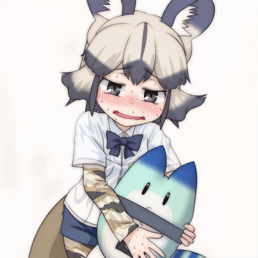 1girl african_wild_dog_(kemono_friends) animal animal_ears animal_print black_bow black_bowtie black_eyes black_hair blonde_hair blue_shorts blush bow bowtie breast_pocket brown_pantyhose dog_ears dog_girl dog_tail highres holding holding_animal kemono_friends layered_sleeves long_sleeves looking_at_viewer lucky_beast_(kemono_friends) multicolored_hair open_mouth pantyhose pocket print_pantyhose print_sleeves shirt short_hair short_sleeves shorts standing sweat t_jiroo_(ringofriend) tail two-tone_hair white_background white_shirt