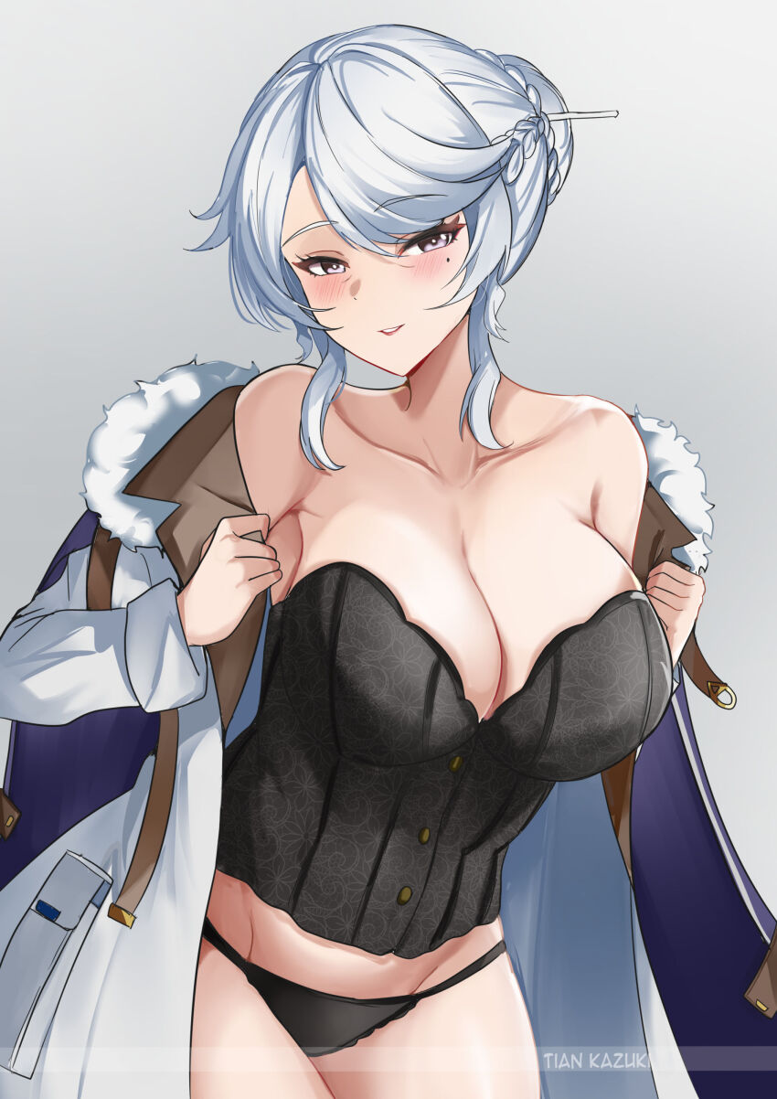 1girl absurdres artist_name bare_shoulders black_panties blush bodice breasts bright_pupils cleavage coat collarbone commentary corset cowboy_shot english_commentary grey_background groin hair_bun hair_ornament hairpin highres large_breasts looking_at_viewer medium_hair midriff_peek open_clothes open_coat panties parted_lips purple_eyes removing_coat sidelocks smile solo sweat swept_bangs tian_kazuki underwear white_coat white_hair white_pupils wuthering_waves xinyi_(wuthering_waves)