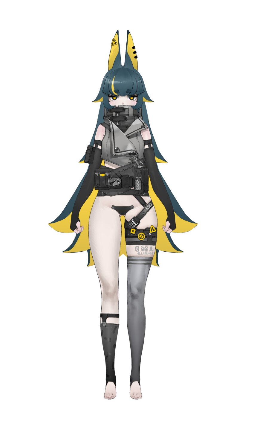 1girl animal_ear_piercing animal_ears arms_at_sides bare_shoulders barefoot black_gloves blonde_hair character_request colored_inner_hair commentary_request copyright_request covered_mouth crop_top cropped_jacket detached_leggings elbow_gloves feet fingerless_gloves full_body gloves gluteal_fold green_hair grey_jacket grey_leggings groin hair_flaps high_collar highres jacket jewelry leggings liren44 long_hair looking_at_viewer maebari mole mole_under_eye multicolored_hair revealing_clothes simple_background single_detached_legging sleeveless sleeveless_jacket solo sticker straight-on strap thighlet toenails toes twitter_username two-tone_hair very_long_hair white_background yellow_eyes zipper