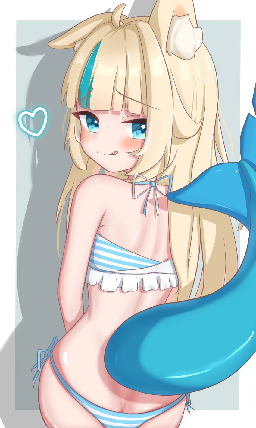 1girl :q absurdres akuruatsu animal_ears ass bikini blonde_hair blue_eyes blush butt_crack cat_ears fins fish_tail from_behind heart highres indie_virtual_youtuber loli long_hair long_twintails looking_at_viewer looking_back sameko_saba sitting smile solo striped_bikini striped_clothes swimsuit tail tongue tongue_out twintails virtual_youtuber