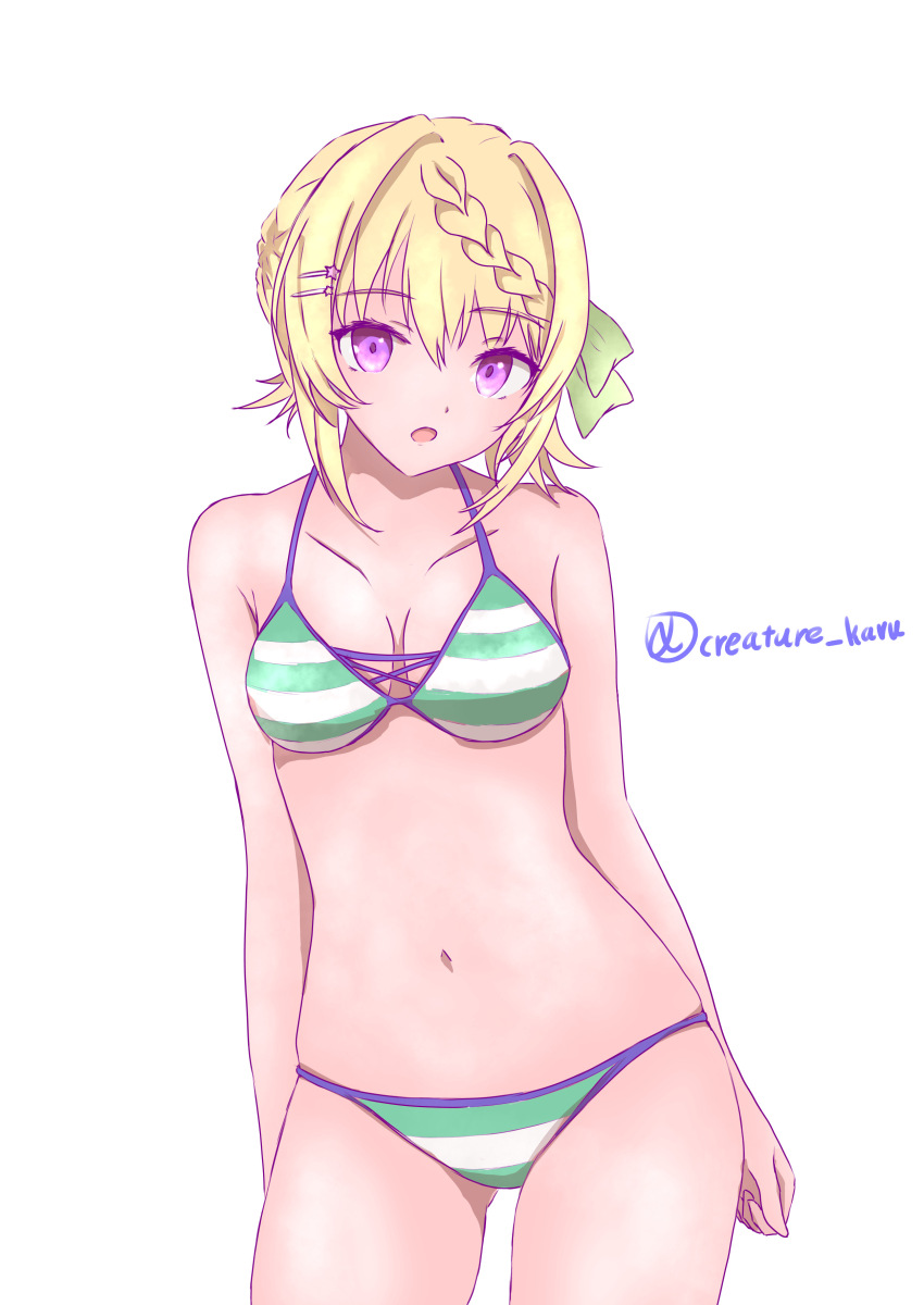 1girl absurdres bikini blonde_hair braid braided_bangs braided_bun breasts green_bikini hair_bun highres kantai_collection long_hair looking_at_viewer medium_breasts nekojita_kavu official_alternate_costume one-hour_drawing_challenge perth_(kancolle) perth_(swimsuit)_(kancolle) purple_eyes simple_background solo striped_bikini striped_clothes swimsuit twitter_username white_background