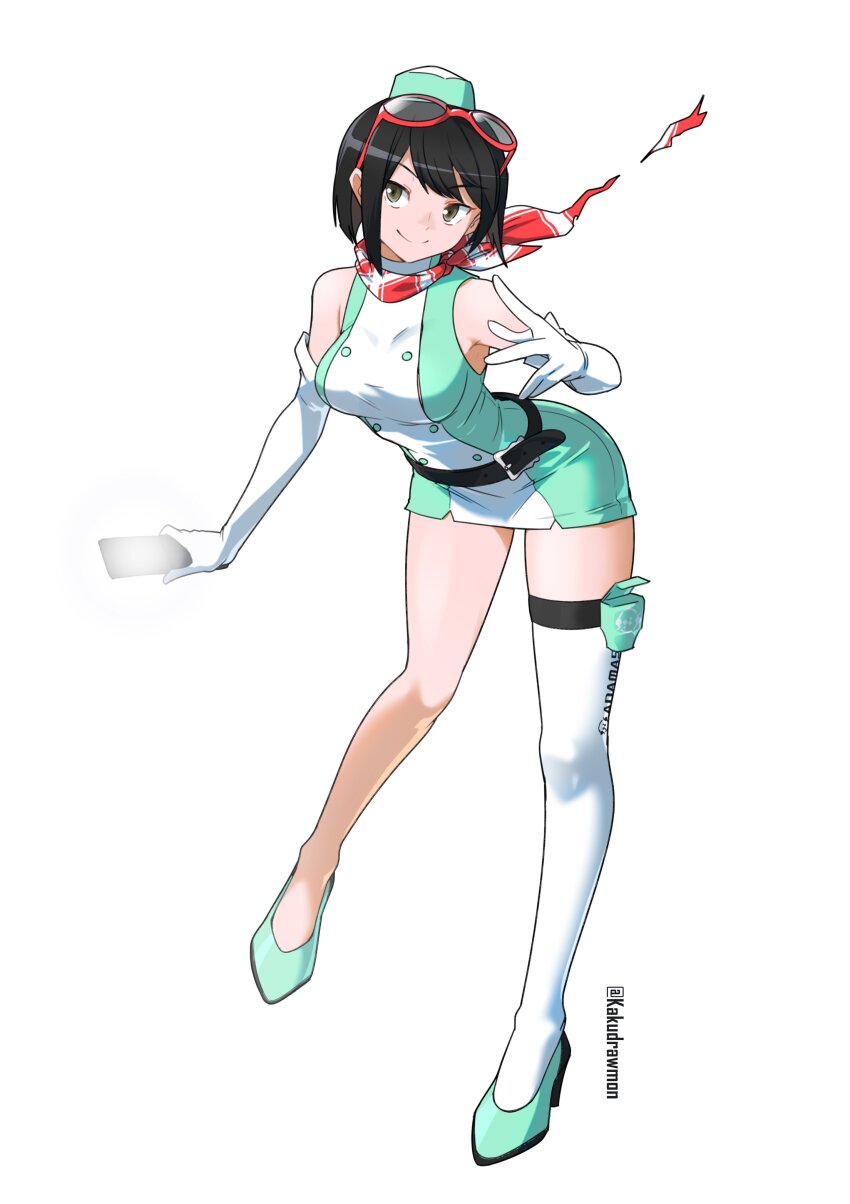 1girl absurdres bare_shoulders black_eyes black_hair breasts cellphone digimon digimon_story:_time_stranger dress elbow_gloves eyewear_on_head flip_phone full_body gloves green_dress green_hat hat high_heels highres holding holding_phone kakudrawmon large_breasts phone short_dress short_hair simple_background single_thighhigh sleeveless sleeveless_dress solo thighhighs white_background white_dress white_gloves white_thighhighs yuuki_kanan yuuki_kanan