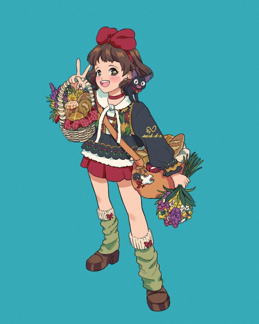 1girl bag black_cat blue_background blunt_bangs blush bow bread brown_eyes brown_hair cat eniddin flower food frills full_body hair_bow hair_ribbon highres holding jiji_(majo_no_takkyuubin) kiki_(majo_no_takkyuubin) leg_warmers long_sleeves looking_at_viewer majo_no_takkyuubin open_mouth original red_skirt ribbon shirt shoes short_hair simple_background skirt smile socks solo standing studio_ghibli