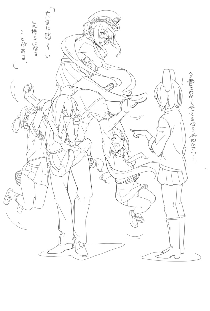 1boy 5girls admiral_(kancolle) bike_shorts_under_skirt boots carrying carrying_person clinging closed_eyes greyscale hanging_on_another height_difference high_heel_boots high_heels highres kantai_collection long_hair makigumo_(kancolle) midriff_peek monochrome multiple_girls norakura_(nr_kura) on_shoulder open_mouth pleated_skirt ryuujou_(kancolle) school_uniform serafuku shigure_(kancolle) short_hair sitting_on_shoulder sketch skirt tenryuu_(kancolle) translation_request twintails very_long_hair yukikaze_(kancolle)