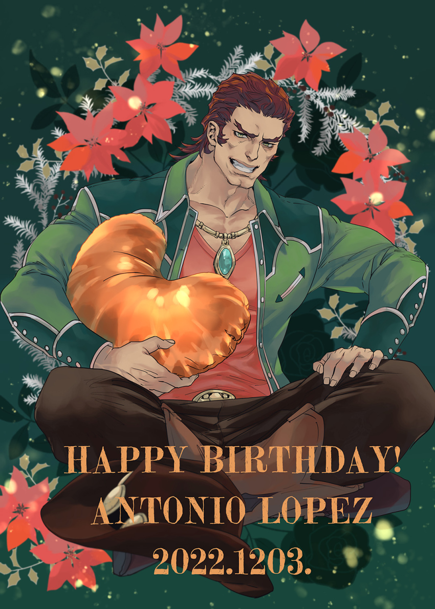 1boy antonio_lopez balloon brown_hair brown_pants butterfly_sitting character_name collarbone collared_jacket commentary dated english_text flower forked_eyebrows gem green_gemstone green_jacket grin hair_slicked_back hand_on_own_leg happy_birthday heart heart_balloon highres jacket jewelry light_particles male_focus mamemo_(daifuku_mame) necklace open_clothes open_jacket pants red_flower red_shirt scoop_neck shirt sitting smile solo teeth tiger_&amp;_bunny
