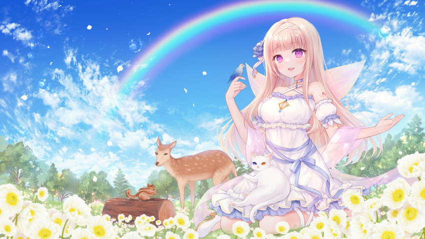 1girl absurdres ayamo_nono bird blonde_hair blue_sky cat deer dress flower haruhitooo highres key_visual long_hair looking_at_viewer official_art open_mouth outdoors promotional_art rainbow re:act sky smile tree virtual_youtuber wings wood