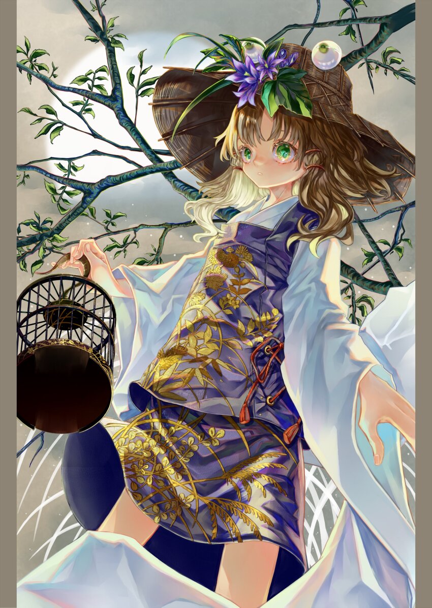 1girl absurdres birdcage blonde_hair blue_skirt blue_vest branch brown_background cage cowboy_shot floral_print flower green_eyes hat hat_flower highres holding holding_cage long_sleeves looking_at_viewer medium_hair moon moriya_suwako pillarboxed plant purple_flower pyonta shirt skirt skirt_set solo standing straw_hat syukou touhou vest white_shirt