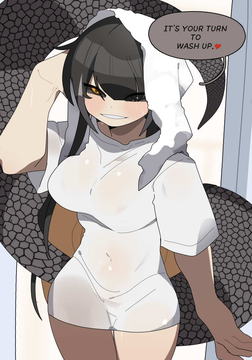 absurdres bare_legs black_hair black_sclera blonde_hair blush breasts colored_inner_hair colored_sclera colored_speech_bubble drying drying_hair english_text gomulgong grey_eyes grey_hair heterochromia highres king_cobra_(gomulgong) knees_out_of_frame long_hair medium_breasts monster_girl multicolored_hair original see-through_clothes see-through_midriff see-through_shirt shirt short_sleeves sidelocks snake_girl snake_tail speech_bubble t-shirt tail wet wet_clothes wet_shirt yellow_eyes