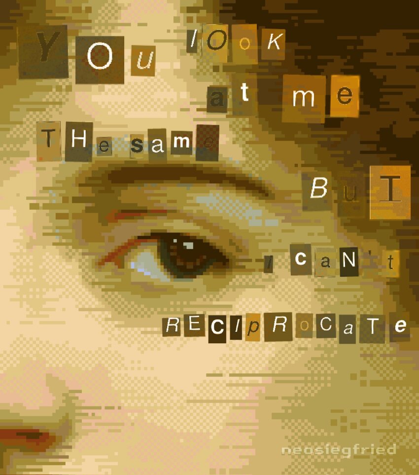 1other brown_eyes brown_hair brown_theme dithering highres onlypixeeels original paper_cutout pixel_art ransom_note sepia solo sparkle sparkling_eyes