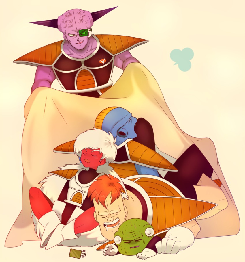 5boys armor blanket blue_skin boots burter captain_ginyu collarbone colored_skin dragon_ball dragonball_z drooling extra_eyes closed_eyes ginyu_force gloves green_skin guldo highres horns jeice kashiri_kurosuke long_hair male_focus multiple_boys open_mouth purple_skin recoome red_skin scouter shoulder_pads sleeping smile sweat veins white_footwear white_gloves white_hair
