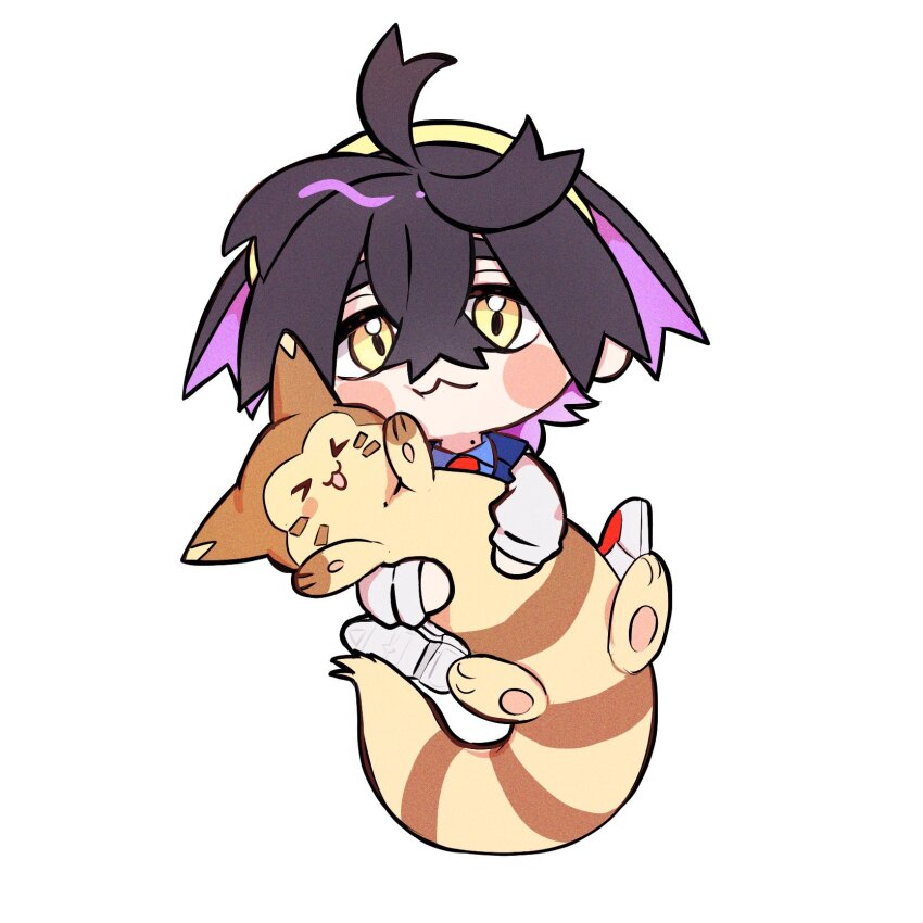 &gt;_&lt; 1boy :3 black_hair blue_shirt chibi closed_eyes collared_shirt crossed_bangs full_body furret gen_2_pokemon hair_between_eyes hairband highres jacket kieran_(pokemon) long_sleeves looking_at_viewer male_focus mole mole_on_neck moma9316 multicolored_hair nintendo open_mouth pokemon pokemon_(creature) pokemon_sv purple_hair shirt shoes simple_background white_background white_jacket yellow_eyes yellow_hairband