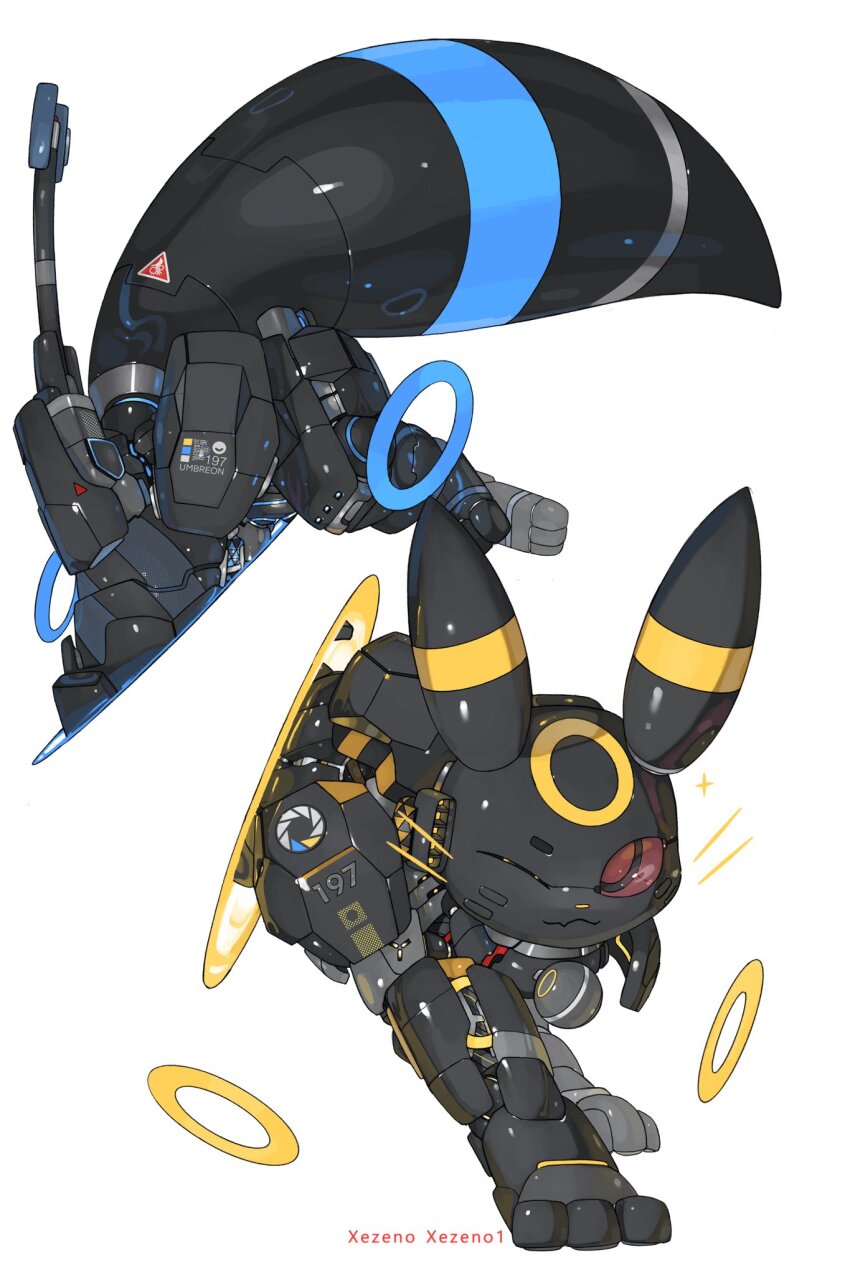 black_tail full_body gen_2_pokemon highres mechanization nintendo one_eye_closed pokemon pokemon_(creature) portal_(object) portal_(series) robot simple_background solo umbreon white_background xezeno