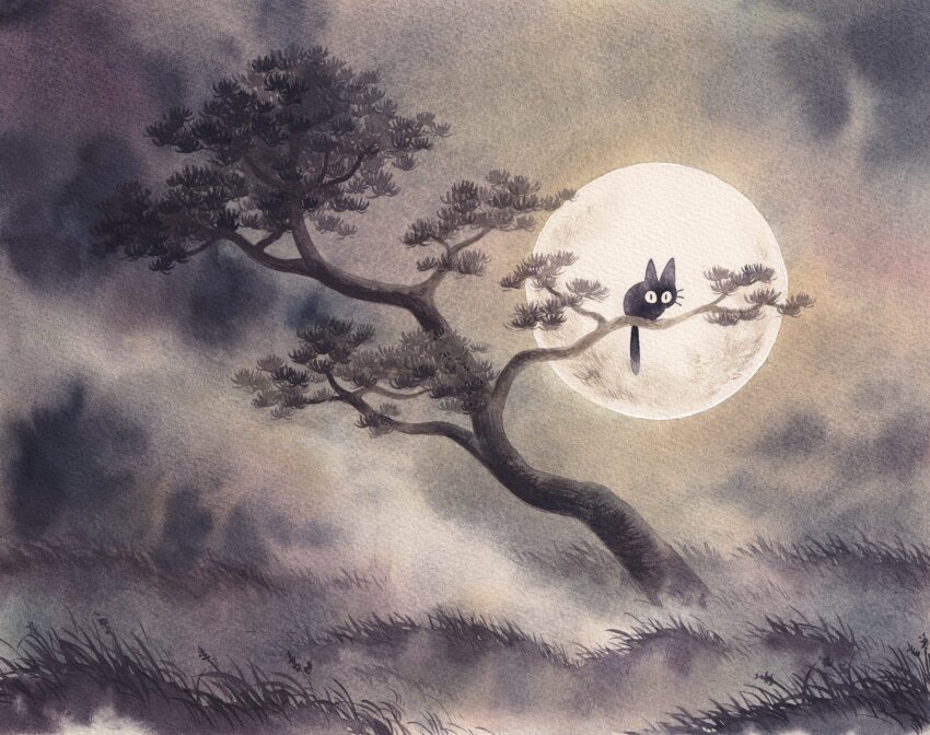 1other animal black_cat black_eyes cat cloud cloudy_sky full_moon grass grey_sky grey_theme heikala highres huge_moon in_tree monochrome moon moonlight muted_color nature night no_humans no_mouth original outdoors painting_(medium) pine_tree scenery sitting sitting_in_tree sitting_on_branch sky traditional_media tree very_big_eyes watercolor_(medium) wide_shot