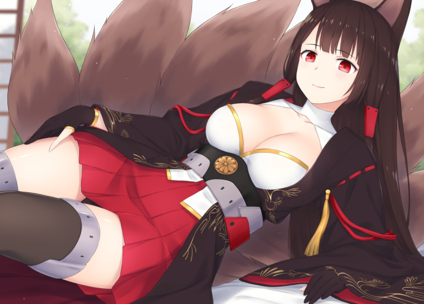 1girl akagi_(azur_lane) animal_ears azur_lane black_gloves black_kimono black_thighhighs breasts brown_hair bukkake cum fox_ears fox_girl fox_tail gloves hair_tubes japanese_clothes kimono kirisawa_shinji long_hair looking_at_viewer red_eyes red_skirt skirt smile solo tail thighhighs