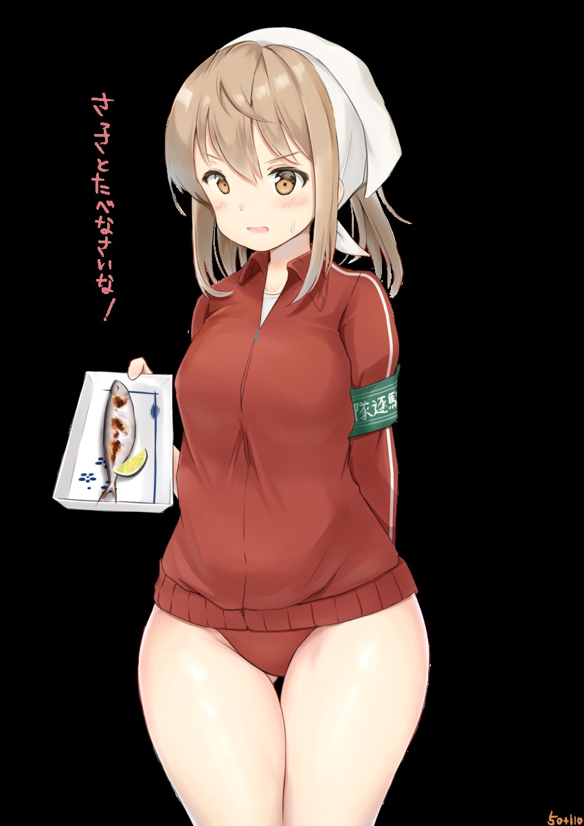 1girl absurdres alternate_costume alternate_hairstyle armband aymusk blush breasts buruma female_focus fish food fruit gluteal_fold green_armband grill hair_between_eyes hair_scarf headscarf highres jacket kantai_collection lemon lemon_slice light_brown_hair long_hair long_sleeves looking_at_viewer medium_breasts michishio_(kancolle) open_mouth plate red_buruma saury shirt solo standing track_jacket transparent_background unzipped white_headscarf white_shirt yellow_eyes zipper