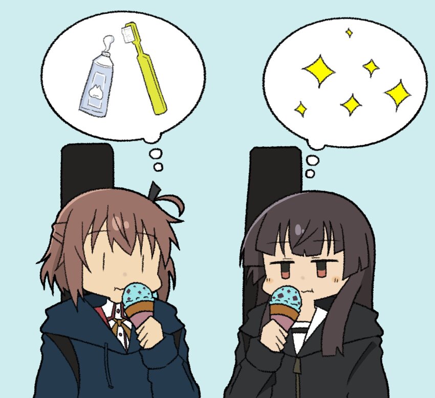 2girls aqua_background black_hair black_jacket blue_hoodie blunt_bangs blush brown_hair closed_mouth eating etou_kanami food hair_between_eyes half_updo highres holding holding_food holding_ice_cream hood hood_down hooded_jacket hoodie horned_hood horns ice_cream jacket jitome juujou_hiyori kazuemon long_hair long_sleeves minoseki_gakuin_uniform mint_chocolate multiple_girls one_side_up red_eyes school_uniform short_hair sidelocks simple_background sparkle thinking toji_no_miko toothbrush toothpaste wavy_mouth winter_uniform |_|
