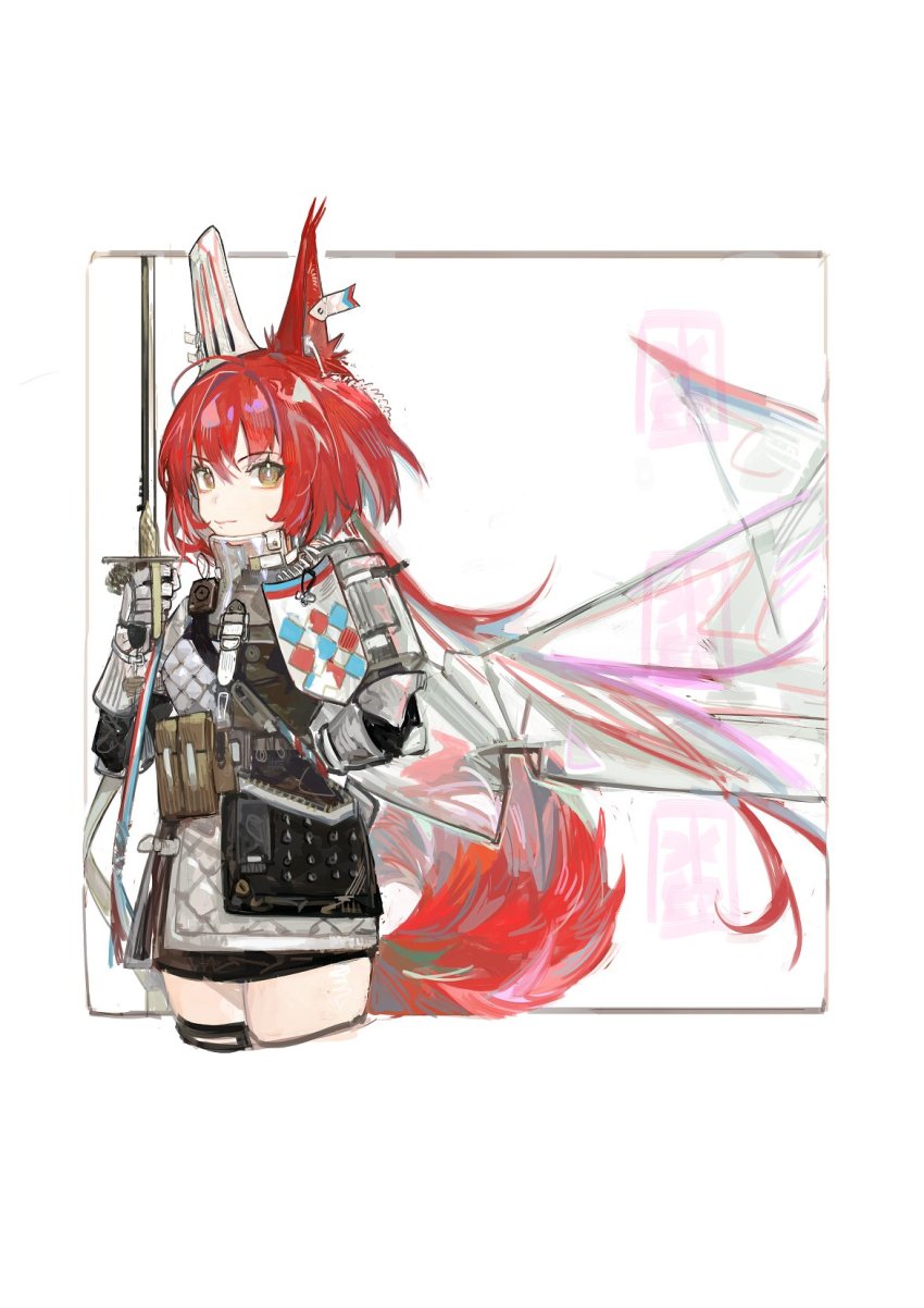 1girl animal_ears arknights arm_behind_back black_skirt brown_eyes cowboy_shot ear_covers ear_tag flametail_(arknights) gauntlets hand_up highres holding holding_sword holding_weapon looking_at_viewer pipidan red_hair short_hair_with_long_locks simple_background skirt solo squirrel_ears squirrel_girl squirrel_tail sword tail weapon white_background