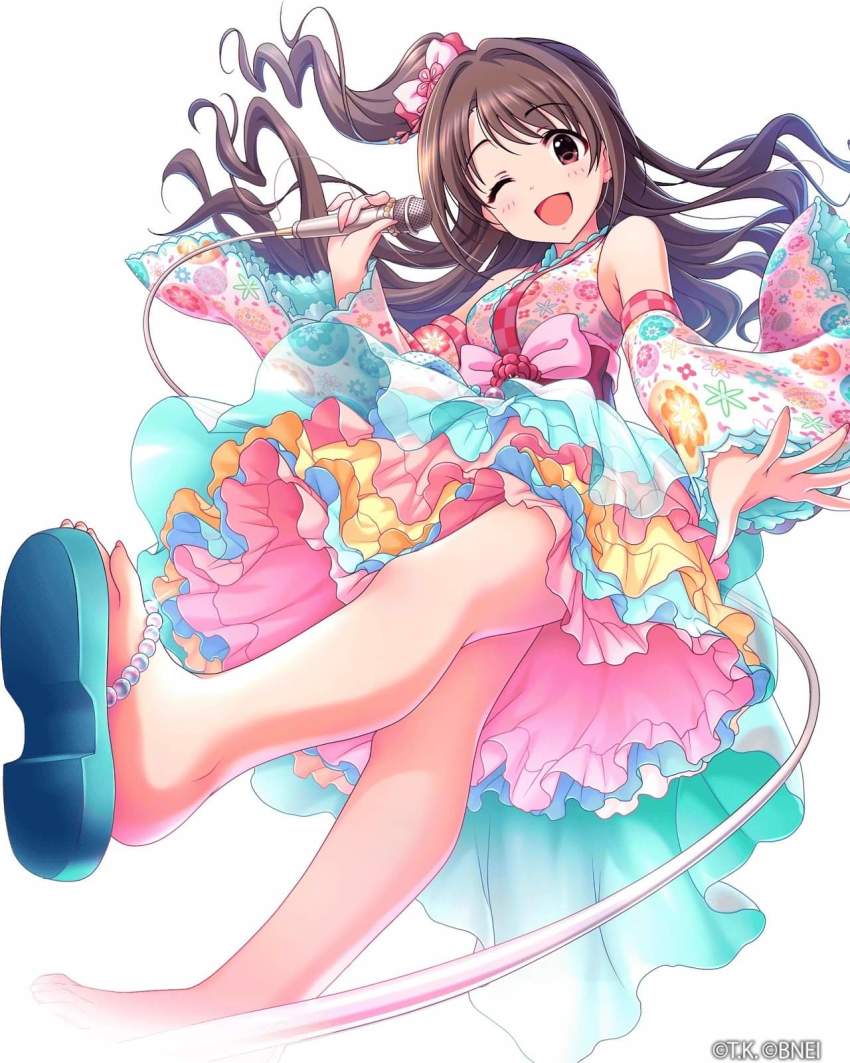 1girl armpits artist_name bare_shoulders blush breasts brown_eyes brown_hair dress feet female_focus fingernails frill frilled_dress frills hair_ornament hair_ribbon happy highres idol idolmaster idolmaster_cinderella_girls japanese_clothes jumping kimono legs long_hair looking_at_viewer medium_breasts microphone open_mouth ponytail ribbon sandals shimamura_uzuki side_ponytail simple_background smile soles thighs toenails toes wavy_hair white_background wire yukata