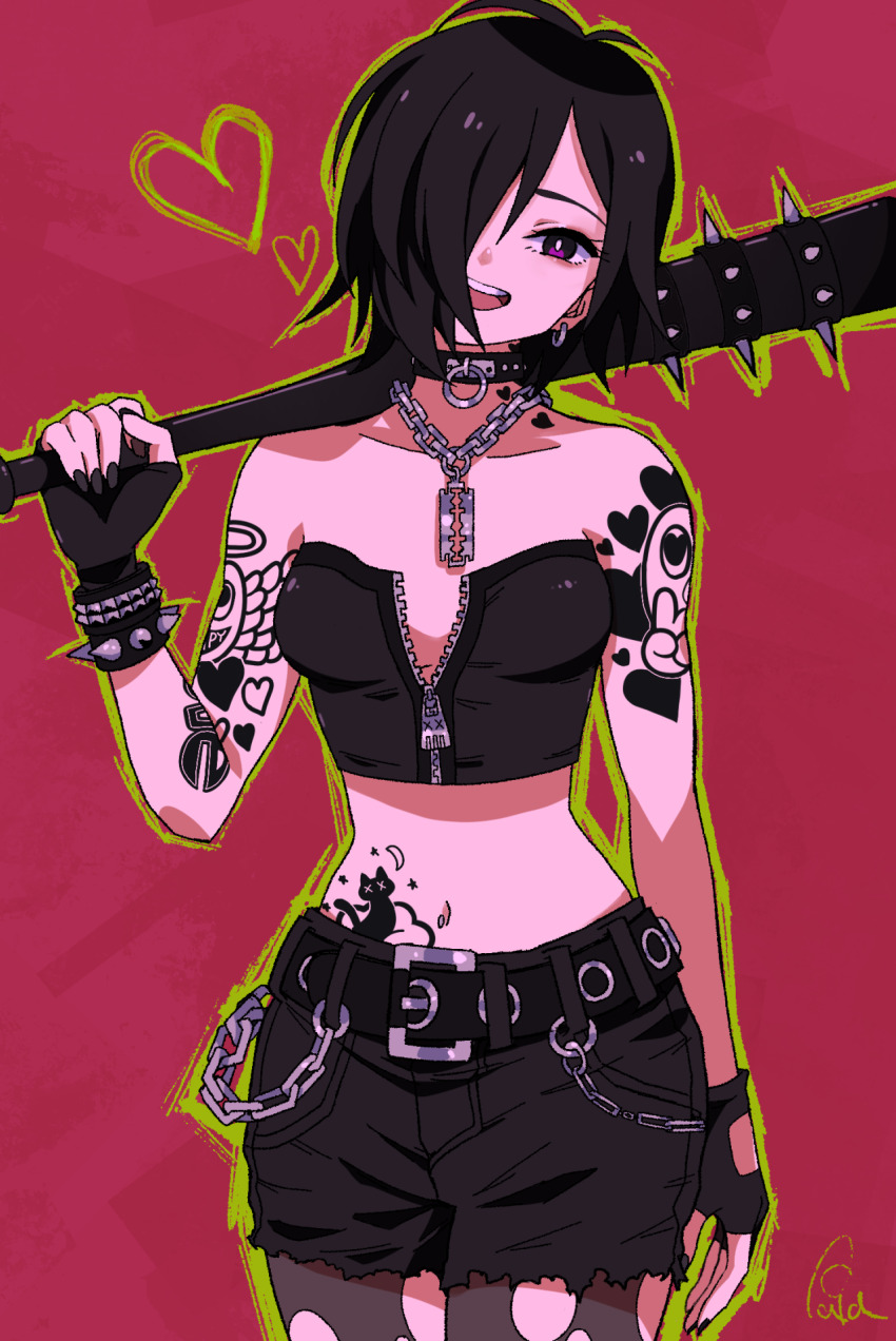 1girl arm_at_side arm_tattoo bare_shoulders baseball_bat belt belt_collar black_belt black_gloves black_hair black_nails black_shorts bracelet breasts cat_tattoo chain collar collarbone cowboy_shot fingerless_gloves gloves green_outline hair_over_one_eye hand_up head_tilt heart highres holding holding_baseball_bat holding_weapon jewelry judy_(sushi_pizza_rrr) looking_at_viewer midriff navel navel_piercing necklace open_mouth original outline over_shoulder pantyhose partially_unzipped piercing red_background red_eyes short_shorts shorts small_breasts smile solo spiked_bat spiked_bracelet spikes standing stomach_tattoo sushi_pizza_rrr tattoo torn_clothes torn_pantyhose weapon weapon_over_shoulder zipper