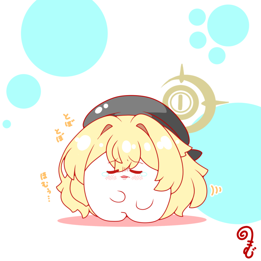beret blonde_hair blue_archive blush chibi closed_eyes colored_shadow full_body grey_hat hair_between_eyes hair_intakes halo hand_up hat highres kurukurumagical long_hair motion_lines parted_lips professor_niyaniya_(blue_archive) shadow solo standing tears translation_request very_long_hair white_background