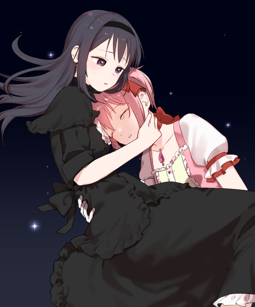 2girls absurdres akemi_homura akemi_homura_(black_dress) black_dress black_hair blush bow choker closed_eyes commentary dark_background dress english_commentary gradient_background hair_bow hair_ribbon hairband highres kaname_madoka kaname_madoka_(magical_girl) lilyac long_hair magical_girl mahou_shoujo_madoka_magica mahou_shoujo_madoka_magica:_hangyaku_no_monogatari multiple_girls pink_hair purple_eyes red_choker ribbon short_hair short_twintails soul_gem space teardrop twintails yuri