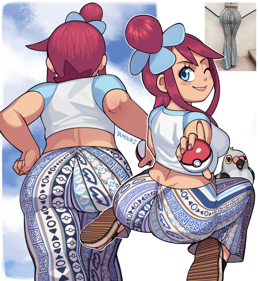 1girl animal ass ass_focus beak bell-bottoms bird blue_eyes blue_sky breasts cloud cloudy_sky crop_top gen_5_pokemon highres large_breasts long_hair looking_at_viewer looking_back multiple_views nintendo one_eye_closed pants pidove poke_ball pokemon pokemon_bw red_hair shirt shoes short_sleeves sitting sky skyla_(pokemon) teeth wings wink yamouri yellow_eyes