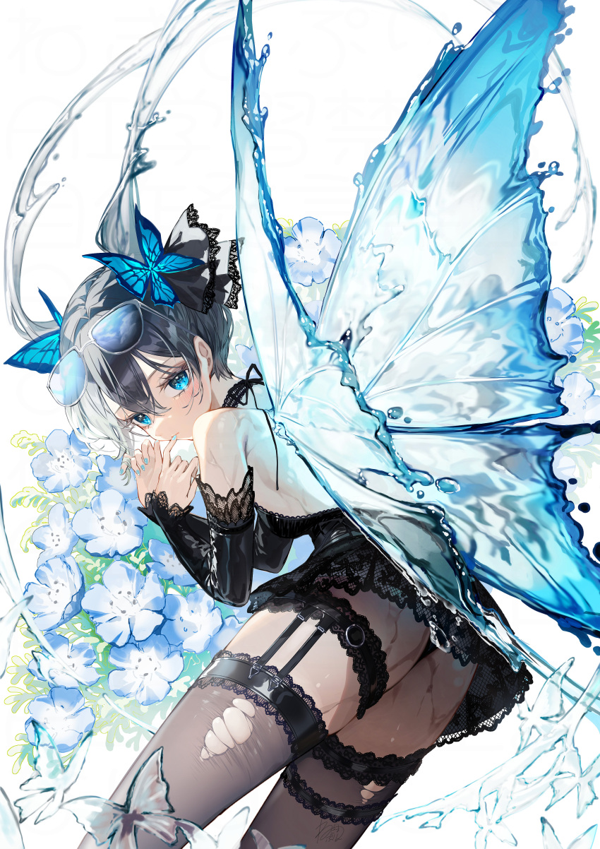 1girl absurdres backless_dress backless_outfit bare_shoulders black_hair black_sleeves blue_eyes blue_flower blue_nails blush bug butterfly butterfly-shaped_pupils butterfly_hair_ornament butterfly_in_eye butterfly_wings closed_mouth commentary_request cowboy_shot dress finger_to_mouth flower garter_straps grey_thighhighs hair_between_eyes hair_ornament highres insect insect_wings lace lace-trimmed_dress lace-trimmed_sleeves lace_trim leaning_forward long_sleeves looking_at_viewer negimapurinn original short_dress short_hair signature sleeveless sleeveless_dress solo standing symbol-shaped_pupils thighhighs torn_clothes torn_thighhighs water_wings wet white_background wings