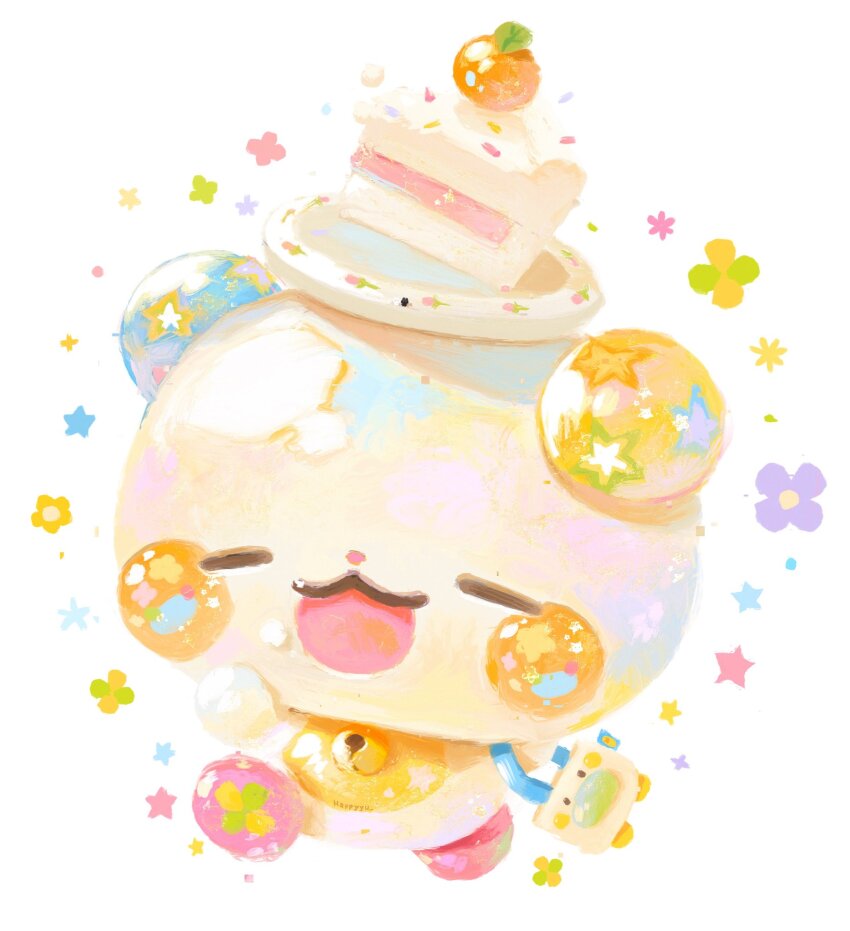 artist_name bag bell blush_stickers cake cake_on_head cake_slice chibi closed_eyes creature flower food food_on_head fruit gummy_(happyyu) happy highres holding object_on_head open_mouth orange_(fruit) original plate plate_on_head simple_background smile solo sparkle sprinkles star_(symbol) sticker white_background