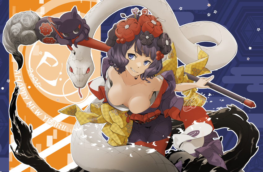 1girl animal bare_shoulders black_kimono blue_eyes breasts calligraphy_brush cleavage collarbone fate/grand_order fate_(series) flower giant_brush hair_flower hair_ornament hairpin highres holding holding_paintbrush ink japanese_clothes katsushika_hokusai_(fate) kimono looking_at_viewer medium_breasts no_bra nonone_(the9thxsheep) octopus oversized_animal paintbrush purple_hair purple_kimono short_hair smile snake tokitarou_(fate) white_snake